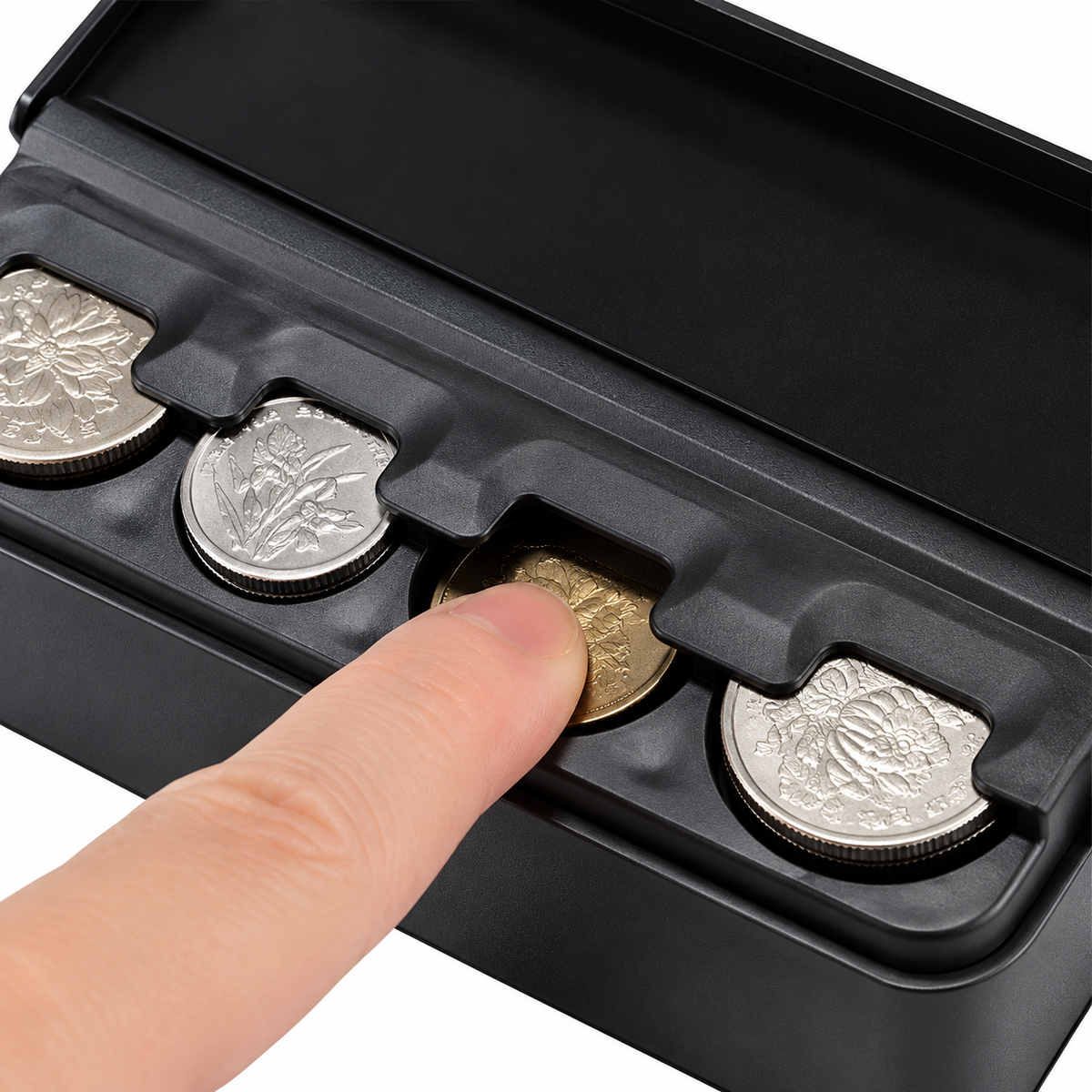 Black Coin Holder Box Compact Change Storage Organizer for Car Interior Accessories and Easy Access