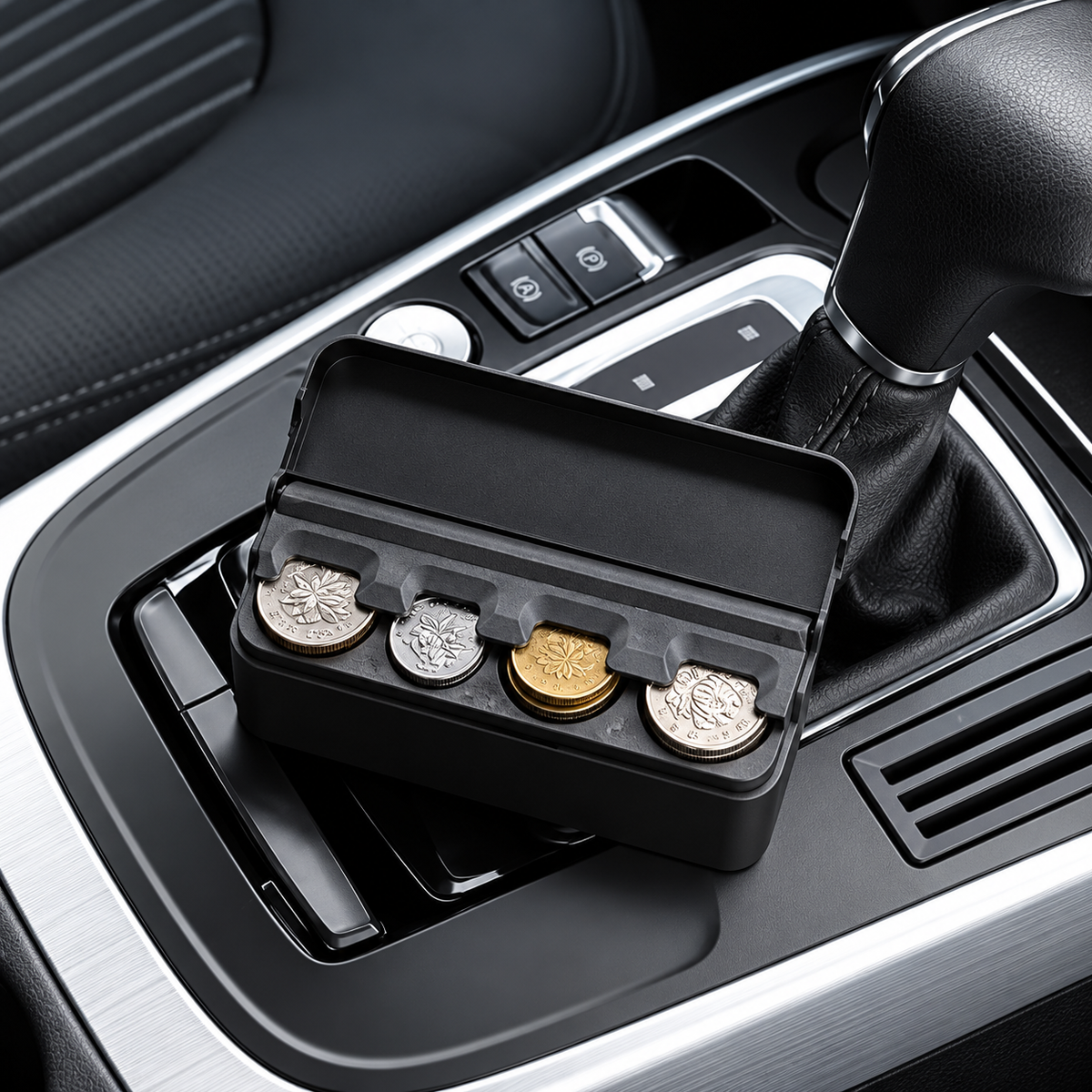 Black Coin Holder Box Compact Change Storage Organizer for Car Interior Accessories and Easy Access