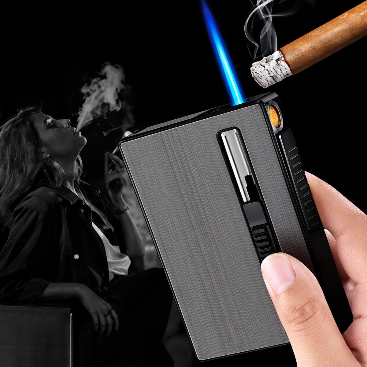 Cigarette Case With Lighter Jet Flame Lighter USB Metal Lighter Cigarettes Tobacco Storage Box Smoking Gadgets