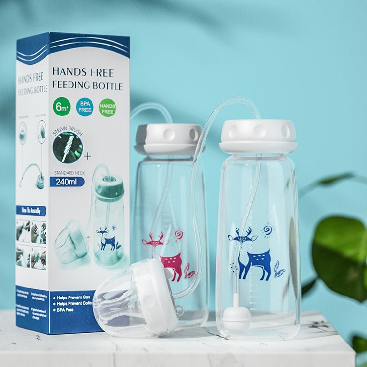 Normal-Neck Baby Bottle with Straw Brush,Hands-Free PP Feeding Bottle Set-Makes Feeding Easy